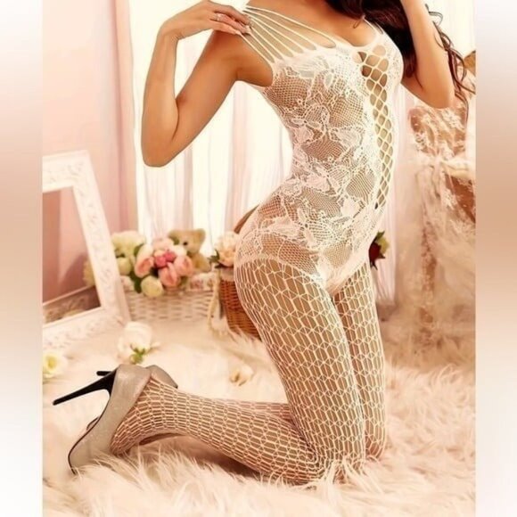 White Floral Lace Torso Fishnet Bodysuit - Picture 1 of 6